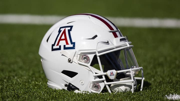 Nov 25, 2022; Tucson, Arizona, USA; Detailed view of an Arizona Wildcats helmet on the field during the Territorial Cup at Arizona Stadium. Mandatory Credit: Mark J. Rebilas-Imagn Images