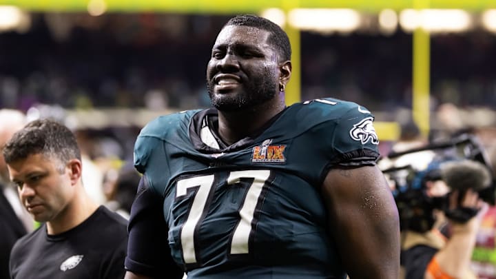 Feb 9, 2025; New Orleans, LA, USA; Philadelphia Eagles  offensive tackle Mekhi Becton (77) against the Kansas City Chiefs during Super Bowl LIX at Ceasars Superdome. Mandatory Credit: Mark J. Rebilas-Imagn Images