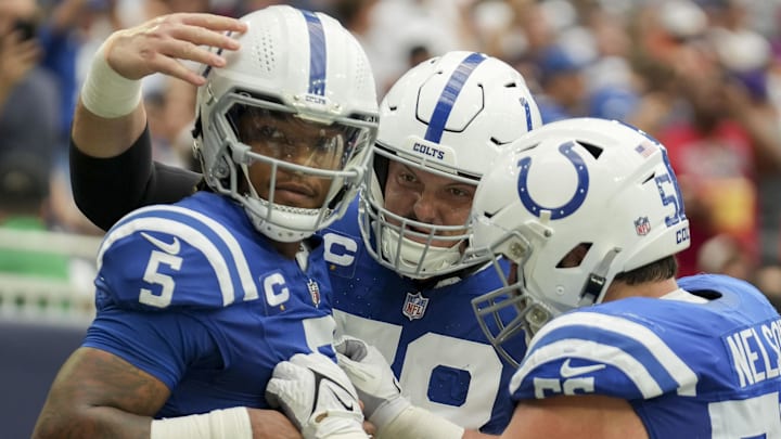 Sep 17, 2023; Houston, Texas, USA; Indianapolis Colts quarterback Anthony Richardson (5) celebrates with his teammates after scoring a touchdown Sunday, Sept. 17, 2023, during a game against the Houston Texans at NRG Stadium. 