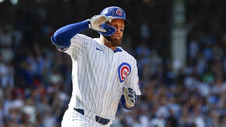 Sep 27, 2025; Chicago, Illinois, USA; Chicago Cubs first baseman Michael Busch (29) rounds the bases after hitting a two-run home run against the St. Louis Cardinals during the fifth inning at Wrigley Field. Mandatory Credit: Kamil Krzaczynski-Imagn Images