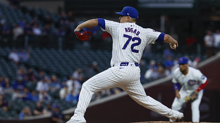 Sep 19, 2024; Chicago, Illinois, USA; Chicago Cubs starting pitcher Javier Assad (72) delivers a pitch against the Washington Nationals during the first inning at Wrigley Field. 