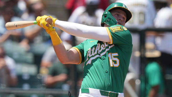Jun 8, 2025; West Sacramento, California, USA; Athletics left fielder Seth Brown (15) bats during the second inning against the Baltimore Orioles at Sutter Health Park. Mandatory Credit: Darren Yamashita-Imagn Images Jun 8, 2025; West Sacramento, California, USA; Athletics left fielder Seth Brown (15) bats during the second inning against the Baltimore Orioles at Sutter Health Park. Mandatory Credit: Darren Yamashita-Imagn Images