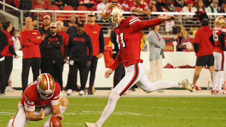 Oct 27, 2024; Santa Clara, California, USA; San Francisco 49ers kicker Anders Carlson (41) scores a field goal against the Dallas Cowboys during the fourth quarter at Levi's Stadium. Oct 27, 2024; Santa Clara, California, USA; San Francisco 49ers kicker Anders Carlson (41) scores a field goal against the Dallas Cowboys during the fourth quarter at Levi's Stadium.