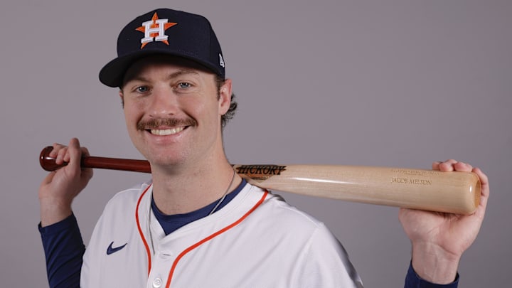Feb 20, 2025; West Palm Beach, FL, USA;  Houston Astros outfielder Jacob Melton poses for a headshot at the Houston Astros media day.