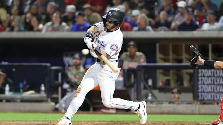 Amarillo Sod Poodles    Caleb Roberts (7) swings at a pitch in a Texas League Championship game against the Arkansas Travelers, Tuesday night, September 26, 2023, at Hodgetown, in Amarillo, Texas. The Arkansas Travelers won 6-5.