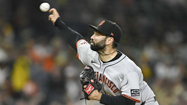 Apr 29, 2025; San Diego, California, USA; San Francisco Giants relief pitcher Lou Trivino (56) delivers during the eighth inning against the San Diego Padres at Petco Park