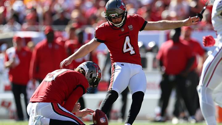 Nov 30, 2025; Tampa, Florida, USA; Tampa Bay Buccaneers place kicker Chase McLaughlin (4) kicks a field goal during the first half against the Arizona Cardinals at Raymond James Stadium. Mandatory Credit: Nathan Ray Seebeck-Imagn Images Nov 30, 2025; Tampa, Florida, USA; Tampa Bay Buccaneers place kicker Chase McLaughlin (4) kicks a field goal during the first half against the Arizona Cardinals at Raymond James Stadium. Mandatory Credit: Nathan Ray Seebeck-Imagn Images