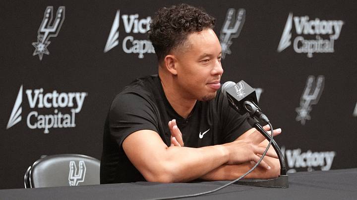 Sep 28, 2026; San Antonio, TX, USA;  San Antonio Spurs head coach Mitch Johnson answers questions from the media during Media Day at Victory Capital Performance Center in San Antonio, Texas.  Mandatory Credit: Scott Wachter-Imagn Images
