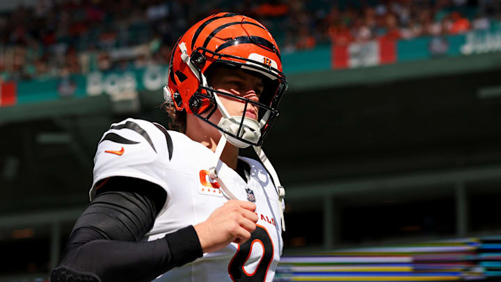 Dec 21, 2025; Miami Gardens, Florida, USA; Cincinnati Bengals quarterback Joe Burrow (9) enters the field before the game against the Miami Dolphins at Hard Rock Stadium. Mandatory Credit: Sam Navarro-Imagn Images