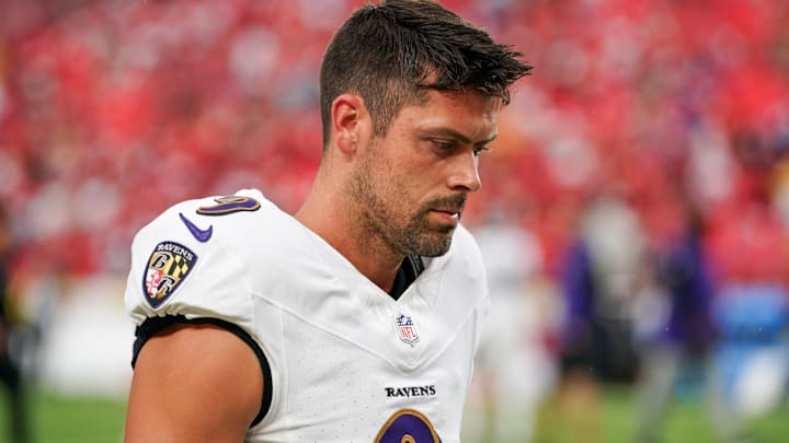 Sep 5, 2024; Kansas City, Missouri, USA; Baltimore Ravens kicker Justin Tucker (9) warms up against the Kansas City Chiefs prior to a game at GEHA Field at Arrowhead Stadium. Mandatory Credit: Denny Medley-Imagn Images