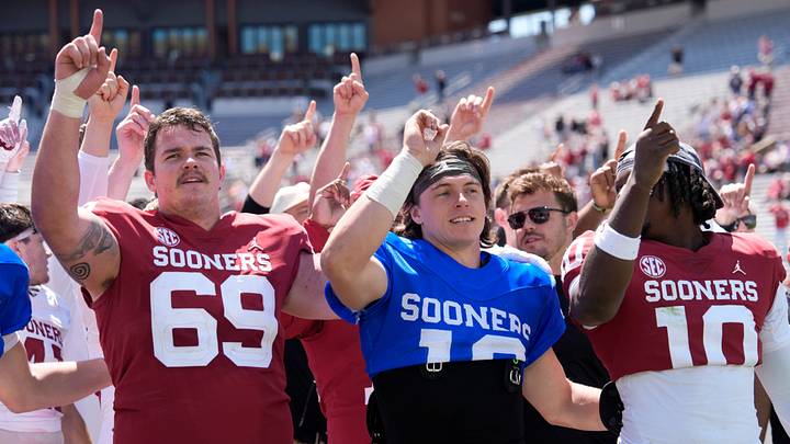 Oklahoma's Jake Maikkula (69), John Mateer (10) and Kip Lewis (10) sing the Alma mater following the University of Oklahoma Sooners Spring Game at the Gaylord Family - Oklahoma Memorial Stadium in Norman, Okla., Saturday April 18, 2026. Oklahoma's Jake Maikkula (69), John Mateer (10) and Kip Lewis (10) sing the Alma mater following the University of Oklahoma Sooners Spring Game at the Gaylord Family - Oklahoma Memorial Stadium in Norman, Okla., Saturday April 18, 2026.