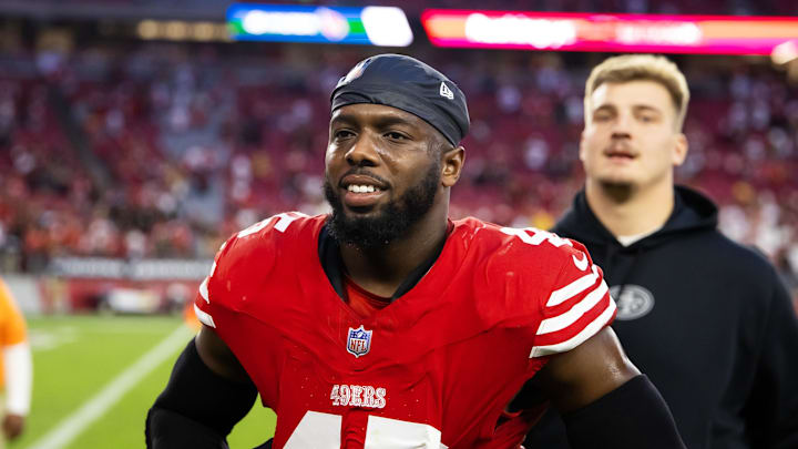 Dec 17, 2023; Glendale, Arizona, USA; San Francisco 49ers linebacker Demetrius Flannigan-Fowles (45) against the Arizona Cardinals at State Farm Stadium. Mandatory Credit: Mark J. Rebilas-Imagn Images