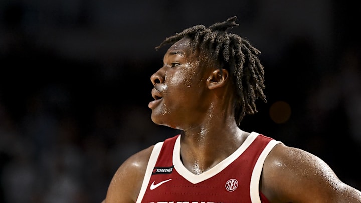 Feb 15, 2025; College Station, Texas, USA; Arkansas Razorbacks forward Adou Thiero (3) looks on in the second half against the Texas A&M Aggies at Reed Arena. Mandatory Credit: Maria Lysaker-Imagn Images 