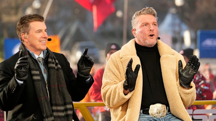 Rece Davis and Pat McAfee interact on the set of ESPN College GameDay prior to the College Football Playoff first round game between the Ohio State Buckeyes and Tennessee Volunteers in Columbus on Dec. 21, 2024.