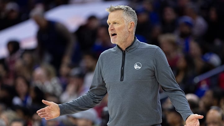  Golden State Warriors head coach Steve Kerr reacts during the second quarter against the Philadelphia 76ers at Wells Fargo Center. Mandatory Credit: Bill Streicher-Imagn Images