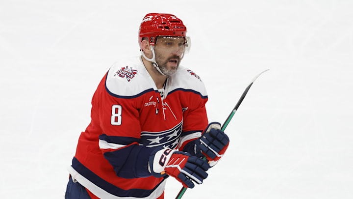Mar 22, 2026; Washington, District of Columbia, USA; Washington Capitals left wing Alex Ovechkin (8) looks on from the ice after scoring his 1,000th career goal in regular season and playoffs combined against the Colorado Avalanche at Capital One Arena. Mandatory Credit: Amber Searls-Imagn Images