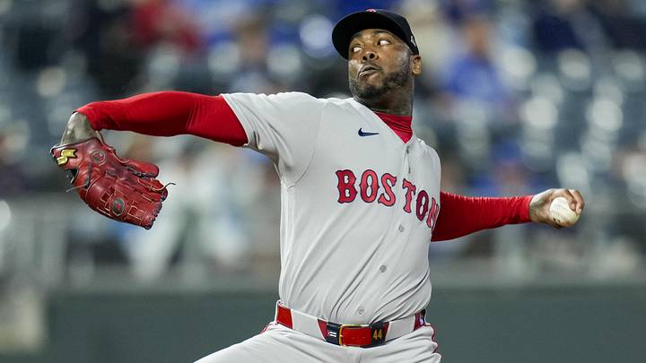 Boston Red Sox relief pitcher Aroldis Chapman (44) pitches during the ninth inning against the Kansas City Royals at Kauffman Stadium. Mandatory Credit: Jay Biggerstaff-Imagn Images