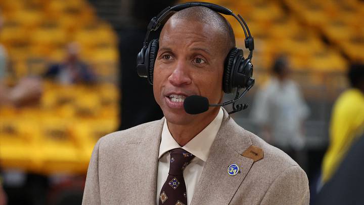 May 25, 2025; Indianapolis, Indiana, USA; Former Indiana Pacers guard Reggie Miller speaks on a broadcast prior to game three of the eastern conference finals for the 2025 NBA Playoffs at Gainbridge Fieldhouse. Mandatory Credit: Trevor Ruszkowski-Imagn Images