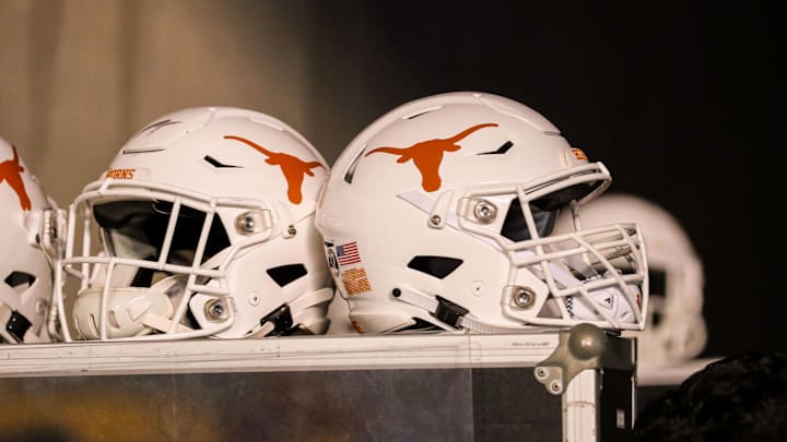 Texas Longhorns helmets sit in the tunnel at Mountaineer Field on Oct. 5, 2019 in Morgantown, West Virginia.
