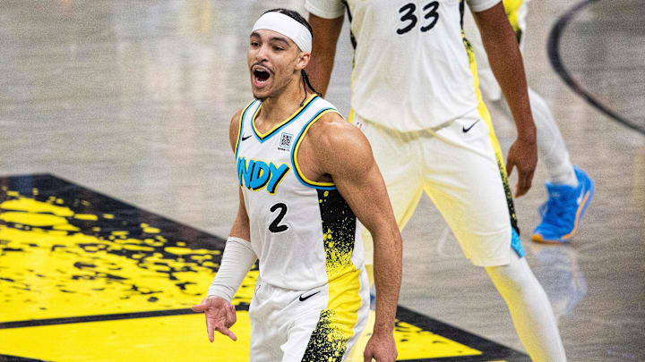 Apr 22, 2025; Indianapolis, Indiana, USA; Indiana Pacers guard Andrew Nembhard (2) celebrates a made shot during game two against the Milwaukee Bucks in the  first round for the 2024 NBA Playoffs at Gainbridge Fieldhouse. Mandatory Credit: Trevor Ruszkowski-Imagn Images