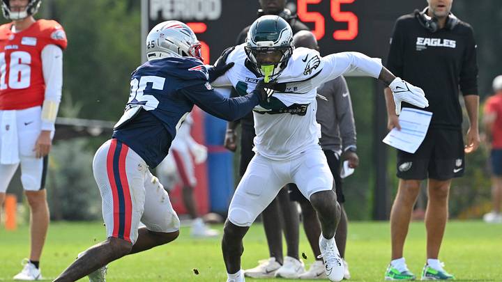 Aug 19, 2026; Foxborough, Massachusetts, USA; New England Patriots cornerback Marcus Jones (25) covers Philadelphia Eagles wide receiver Elijah Moore (19) during training camp at Gillette Stadium. Mandatory Credit: Eric Canha-Imagn Images Aug 19, 2026; Foxborough, Massachusetts, USA; New England Patriots cornerback Marcus Jones (25) covers Philadelphia Eagles wide receiver Elijah Moore (19) during training camp at Gillette Stadium. Mandatory Credit: Eric Canha-Imagn Images