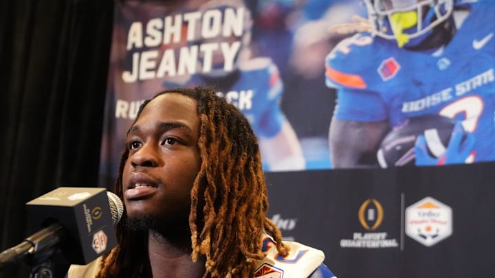 Boise State Broncos running back Ashton Jeanty speaks to the media at Arizona Ballroom at Camelback Inn on Dec. 29, 2024, ahead of their Vrbo Fiesta Bowl matchup against the Penn State Nittany Lions.