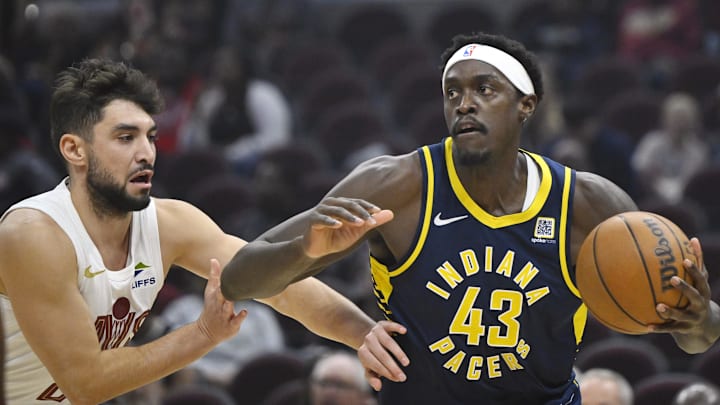 Oct 10, 2024; Cleveland, Ohio, USA; Cleveland Cavaliers guard Ty Jerome (2) defends Indiana Pacers forward Pascal Siakam (43) in the first quarter at Rocket Mortgage FieldHouse. Mandatory Credit: David Richard-Imagn Images