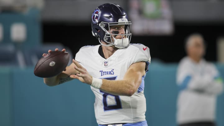 Dec 11, 2023; Miami Gardens, Florida, USA; Tennessee Titans quarterback Will Levis (8) throws the football during warmups prior to the game against the Miami Dolphins at Hard Rock Stadium.