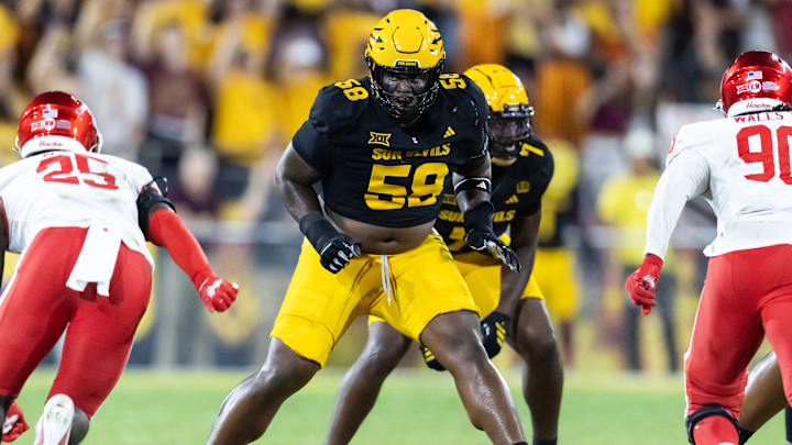 Oct 25, 2025; Tempe, Arizona, USA; Arizona State Sun Devils offensive lineman Max Iheanachor (58) against the Houston Cougars at Mountain America Stadium. Mandatory Credit: Mark J. Rebilas-Imagn Images