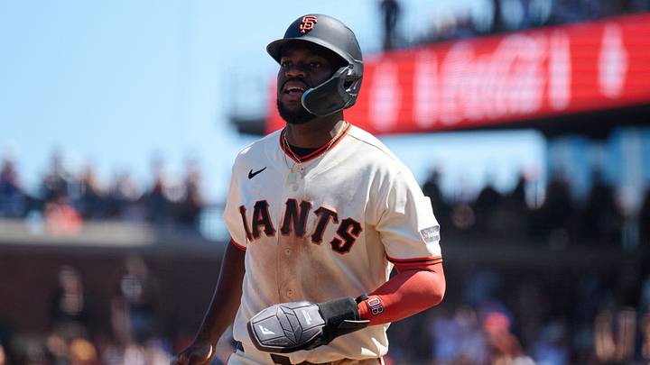 Aug 9, 2026; San Francisco, California, USA; San Francisco Giants infielder Osleivis Basabe (39) reacts after scoring a run on an RBI infield single hit by San Francisco Giants outfielder Drew Gilbert (0) against the Detroit Tigers during the seventh inning at Oracle Park. Mandatory Credit: Robert Edwards-Imagn Images