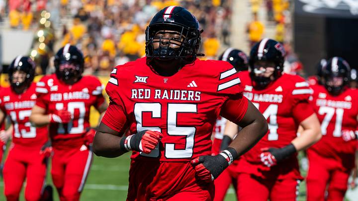 Oct 18, 2025; Tempe, Arizona, USA; Texas Tech Red Raiders offensive lineman D'Anthis Upshaw Jr. (65) against the Arizona State Sun Devils at Mountain America Stadium. Mandatory Credit: Mark J. Rebilas-Imagn Images