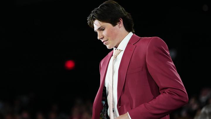 Jun 28, 2024; Las Vegas, Nevada, USA; Dean Letourneau is selected by the Boston Bruins with the 25th overall pick in the first round of the 2024 NHL Draft at The Sphere. Mandatory Credit: Stephen R. Sylvanie-USA TODAY Sports