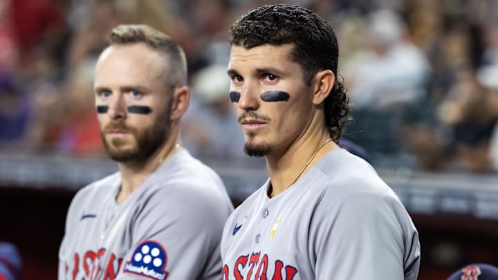 Sep 7, 2025; Phoenix, Arizona, USA; Boston Red Sox outfielder Jarren Duran (right) and shortstop Trevor Story against the Arizona Diamondbacks at Chase Field. Mandatory Credit: Mark J. Rebilas-Imagn Images