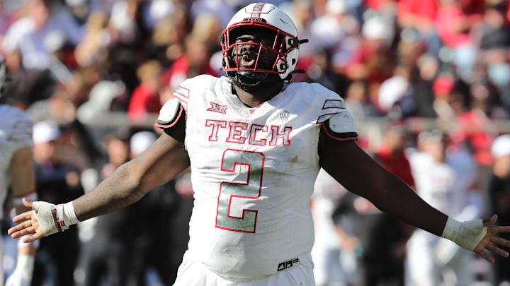 Nov 8, 2025; Lubbock, Texas, USA;  Texas Tech Red Raiders defensive lineman Lee Hunter (2) reacts in the second half of the game against the Brigham Young Cougars at Jones AT&T Stadium.