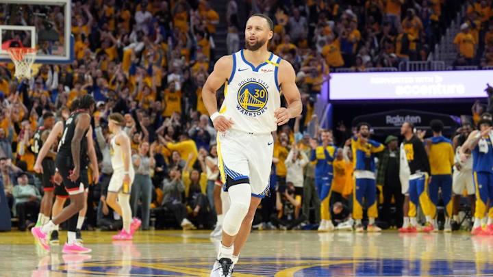 Apr 26, 2025; San Francisco, California, USA; Golden State Warriors guard Stephen Curry (30) reacts after making a three point basket against the Houston Rockets during the fourth quarter of game three of first round for the 2024 NBA Playoffs at Chase Center. Mandatory Credit: Darren Yamashita-Imagn Images Apr 26, 2025; San Francisco, California, USA; Golden State Warriors guard Stephen Curry (30) reacts after making a three point basket against the Houston Rockets during the fourth quarter of game three of first round for the 2024 NBA Playoffs at Chase Center. Mandatory Credit: Darren Yamashita-Imagn Images