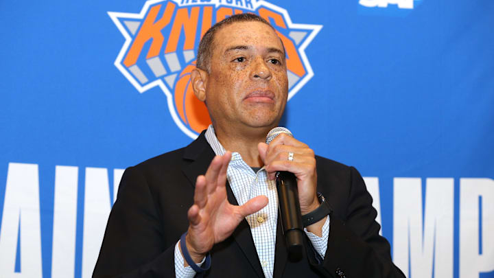 Sep 30, 2019; New York, NY, USA; New York Knicks general manager Scott Perry speaks to the media