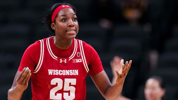 Wisconsin Badgers forward Serah Williams (25) reacts to a call Wednesday, March 5, 2025, in a round one game at the 2025 TIAA Big Ten Women's Basketball Tournament between the Iowa Hawkeyes and the Wisconsin Badgers at Gainbridge Fieldhouse in Indianapolis. Wisconsin Badgers forward Serah Williams (25) reacts to a call Wednesday, March 5, 2025, in a round one game at the 2025 TIAA Big Ten Women's Basketball Tournament between the Iowa Hawkeyes and the Wisconsin Badgers at Gainbridge Fieldhouse in Indianapolis.