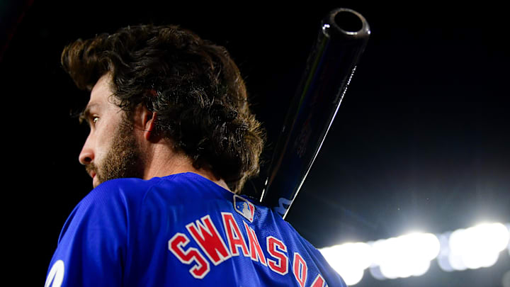Chicago Cubs shortstop Swanson on deck before hitting against the Los Angeles Dodgers.