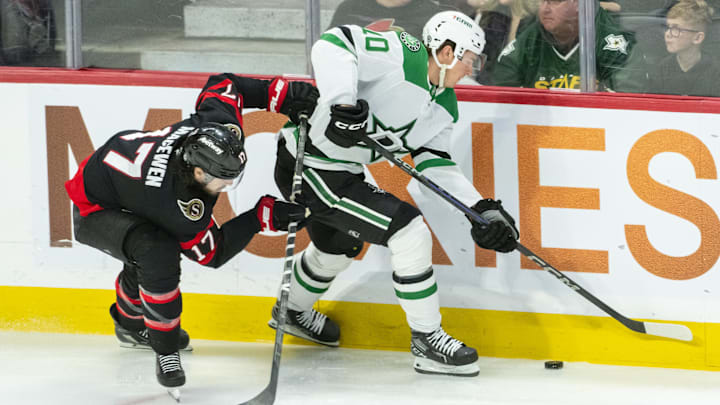Jan 12, 2025; Ottawa, Ontario, CAN; Ottawa Senators right wing Zack MacEwen (17) chases Dallas Stars center Oskar Back (10) as he skates with the puck in the third period at the Canadian Tire Centre. Mandatory Credit: Marc DesRosiers-Imagn Images