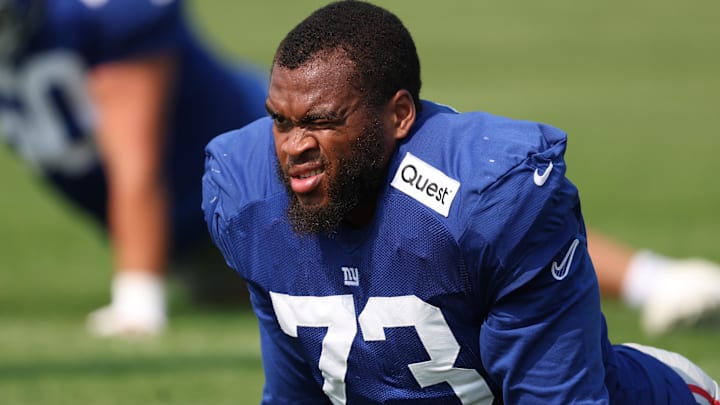 Aug 4, 2025; East Rutherford, NJ, USA; New York Giants offensive tackle Evan Neal (73) on the field during training camp at Quest Diagnostics Training Center. Mandatory Credit: Vincent Carchietta-Imagn Images