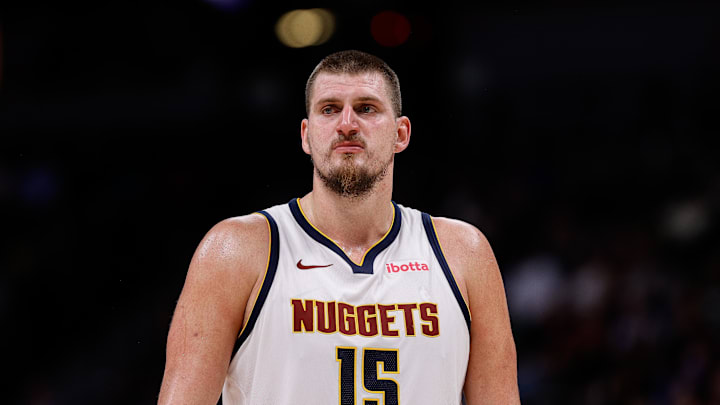 Nov 4, 2024; Denver, Colorado, USA; Denver Nuggets center Nikola Jokic (15) in the fourth quarter against the Toronto Raptors at Ball Arena. Nov 4, 2024; Denver, Colorado, USA; Denver Nuggets center Nikola Jokic (15) in the fourth quarter against the Toronto Raptors at Ball Arena.