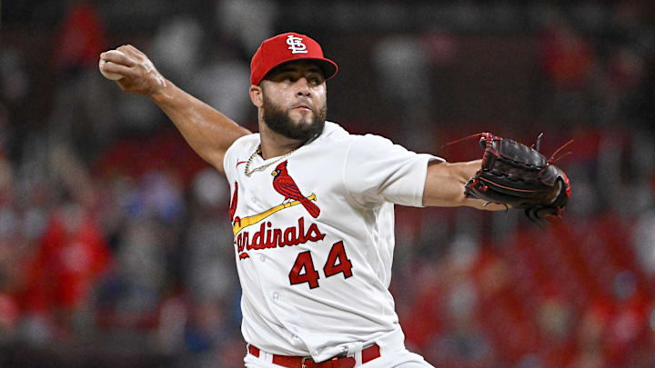 Jul 11, 2022; St. Louis, Missouri, USA;  St. Louis Cardinals relief pitcher Junior Fernandez (44) pitches against the Philadelphia Phillies during the ninth inning at Busch Stadium. Mandatory Credit: Jeff Curry-Imagn Images