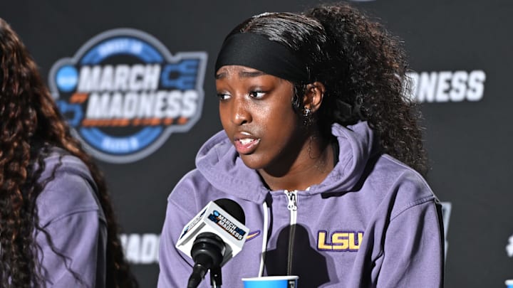 Mar 27, 2025; Spokane, WA, USA; LSU Lady Tigers guard Flau'Jae Johnson talks with the media during an NCAA Tournament practice session at Spokane Arena. Mandatory Credit: James Snook-Imagn Images