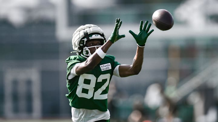 Jul 25, 2025; Florham Park, NJ, USA; New York Jets wide receiver Arian Smith (82) participates in a drill during training camp at Atlantic Health Jets Training Center. Mandatory Credit: John Jones-Imagn Images
