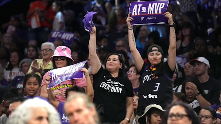 Fans cheer from the stands as the Mercury play against the New York Liberty at PHX Arena, Aug. 30, 2025, in Phoenix.