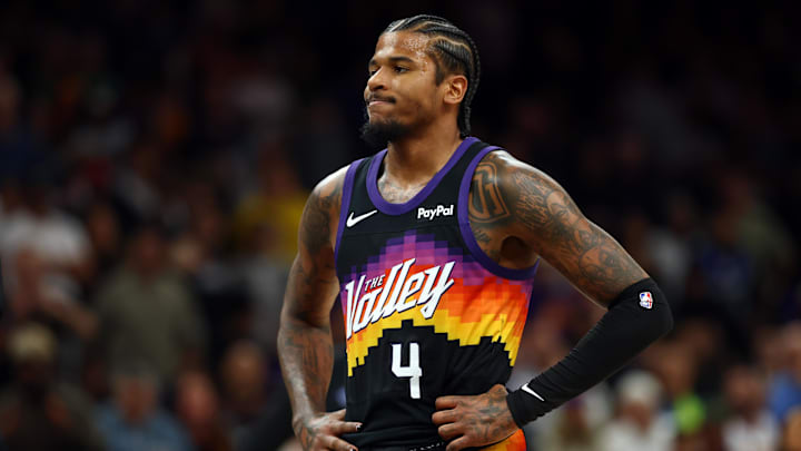 Feb 21, 2026; Phoenix, Arizona, USA; Phoenix Suns guard Jalen Green (4) against the Orlando Magic at Mortgage Matchup Center. Mandatory Credit: Mark J. Rebilas-Imagn Images