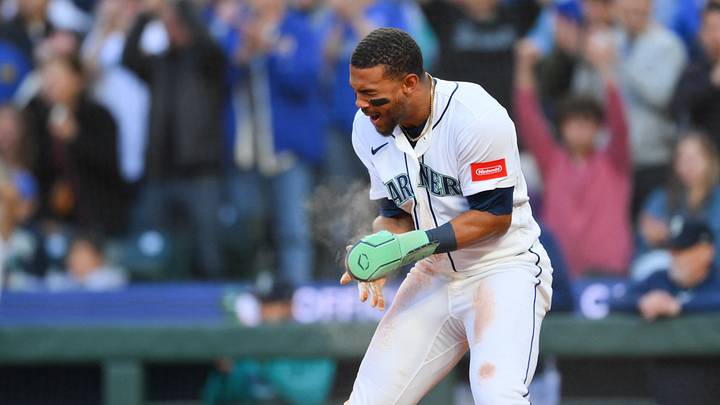 Jun 30, 2026; Seattle, Washington, USA; Seattle Mariners center fielder Julio Rodriguez (44) celebrates after scoring a run against the Los Angeles Angels during the sixth inning at T-Mobile Park. Mandatory Credit: Steven Bisig-Imagn Images Jun 30, 2026; Seattle, Washington, USA; Seattle Mariners center fielder Julio Rodriguez (44) celebrates after scoring a run against the Los Angeles Angels during the sixth inning at T-Mobile Park. Mandatory Credit: Steven Bisig-Imagn Images