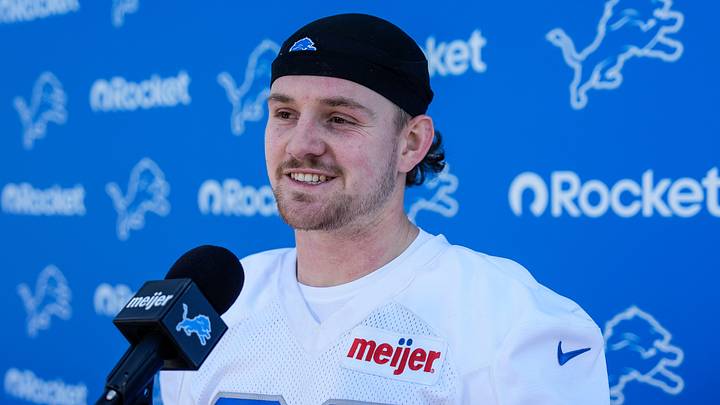 Detroit Lions safety Dan Jackson (28) speaks after practice during rookie mini camp at Meijer Performance Center in Allen Park on Friday, May 9, 2025.