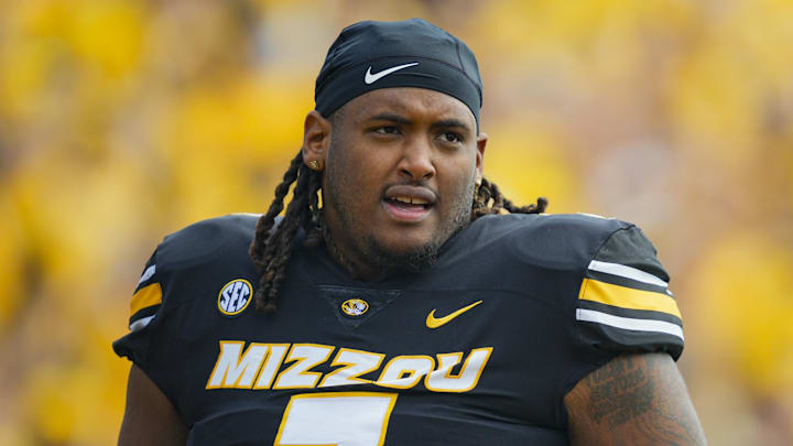 Sep 6, 2025; Columbia, Missouri, USA; Missouri Tigers defensive tackle Chris McClellan (7) prior to a game against the Kansas Jayhawks at Faurot Field at Memorial Stadium. Mandatory Credit: Jay Biggerstaff-Imagn Images