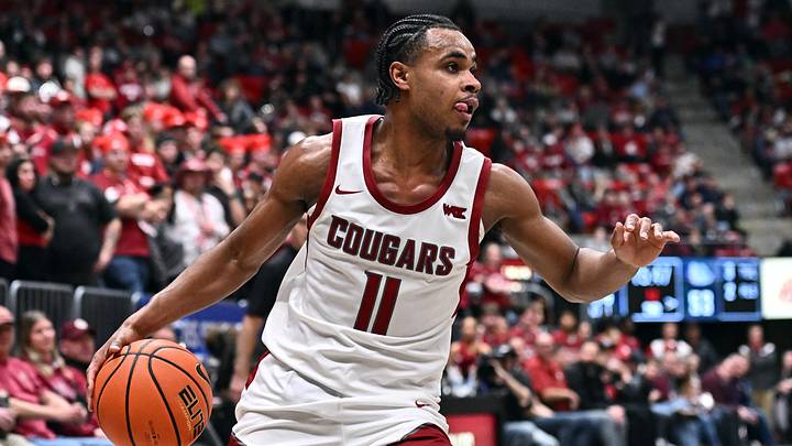 Jan 15, 2026; Pullman, Washington, USA; Washington State Cougars guard Jerone Morton (11) controls the ball against the Gonzaga Bulldogs in the second half at Friel Court at Beasley Coliseum. Mandatory Credit: James Snook-Imagn Images Jan 15, 2026; Pullman, Washington, USA; Washington State Cougars guard Jerone Morton (11) controls the ball against the Gonzaga Bulldogs in the second half at Friel Court at Beasley Coliseum. Mandatory Credit: James Snook-Imagn Images